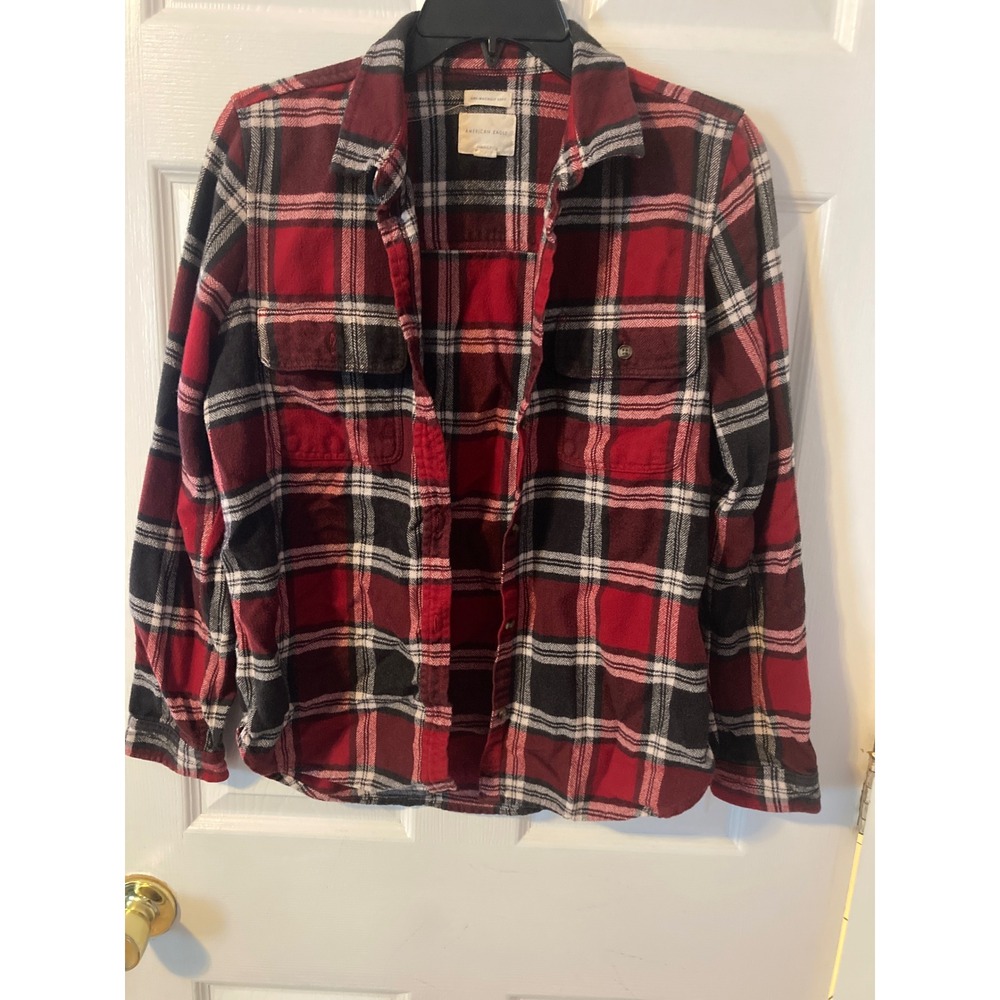 American Eagle Mens Large Red Black Plaid Flannel Button Down Shirt Classic Fit